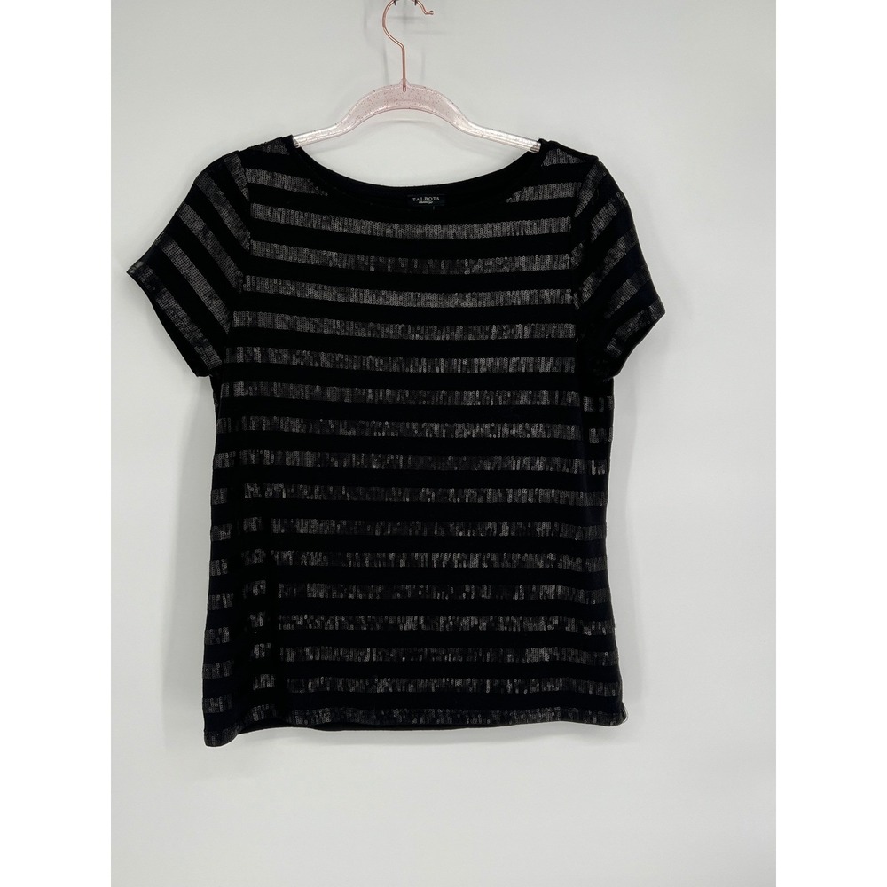 Talbots Striped Sequin Top Sparkle Tee Short Sleeve Black Party Casual M